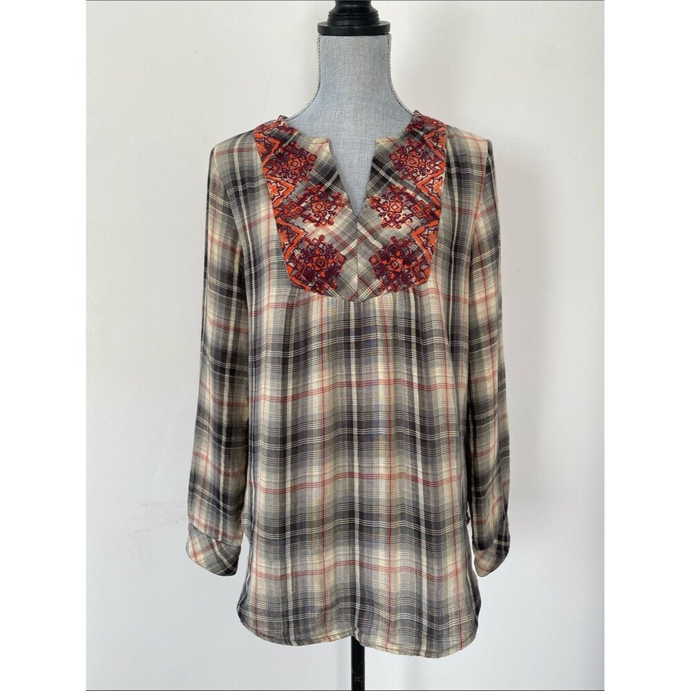 Plaid Long-Sleeve Tunic Top with Embroidered Yoke - Cream/Gray/Red